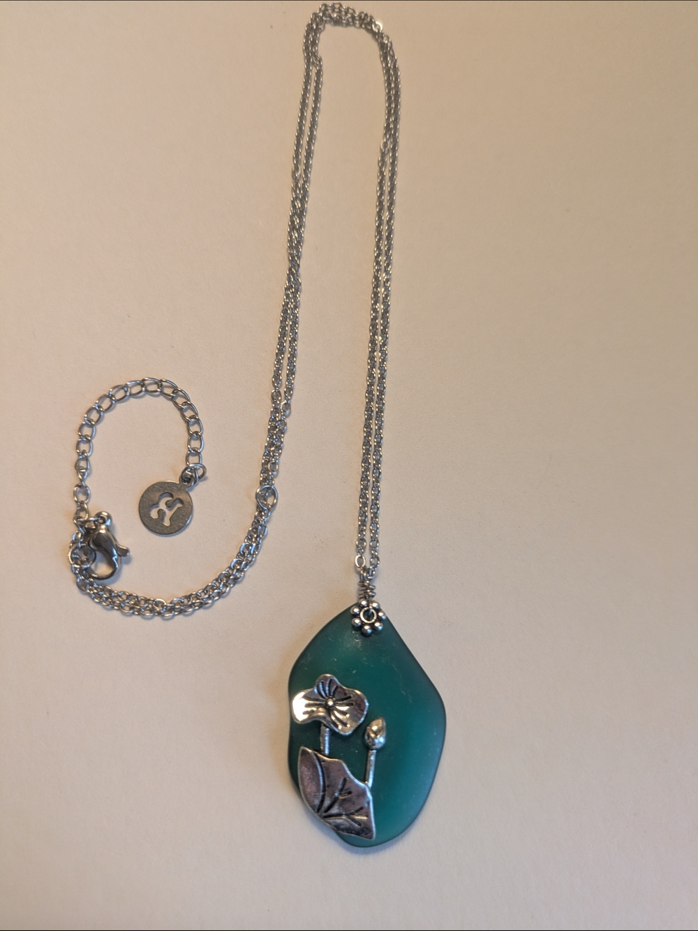 Teal Resin Pendant Necklace with Silver Tone Water Lily Accent -11 Inch Chain